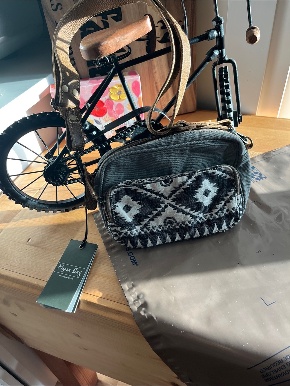 Myra Bag Black and Cream Aztec Front Pocket Crossbody